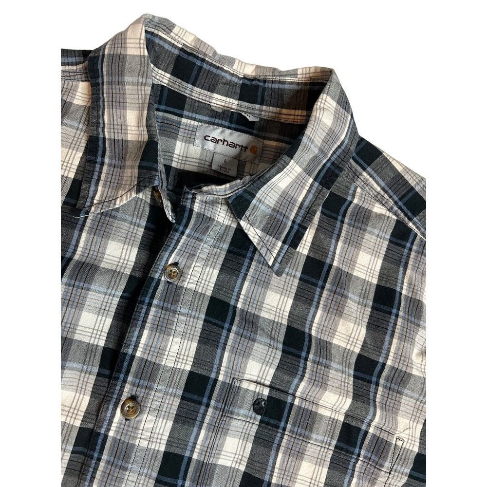 Carhartt Mens Large Relaxed Fit Blue‎ Plaid Button Up Short Sleeve Shirt